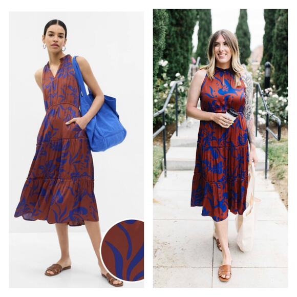 Gap sleeveless midi length tiered dress rust brown blue print - Picture 1 of 8